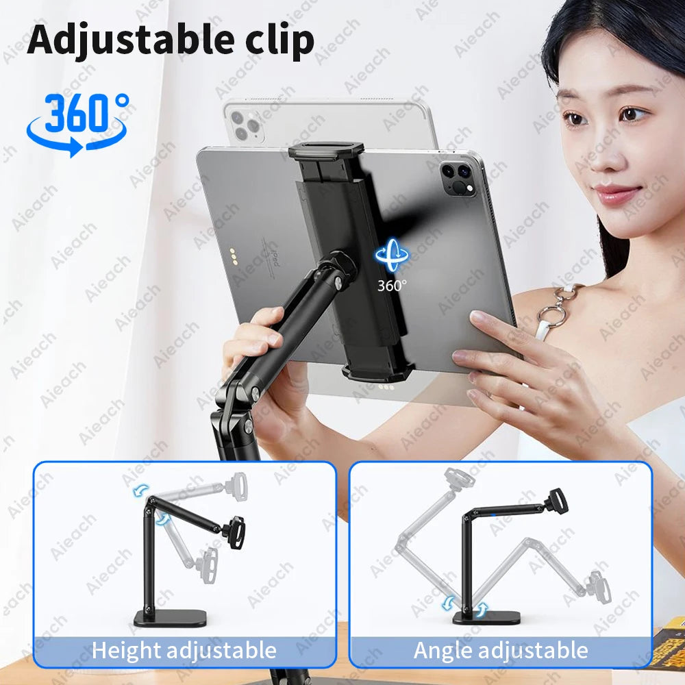 Tablet Stand Holder 15 in Adjustable Long Metal Flexible Arm for 4.7-13 in Phone iPad Stand Ergonomic Desktop Holder Multi-Angle