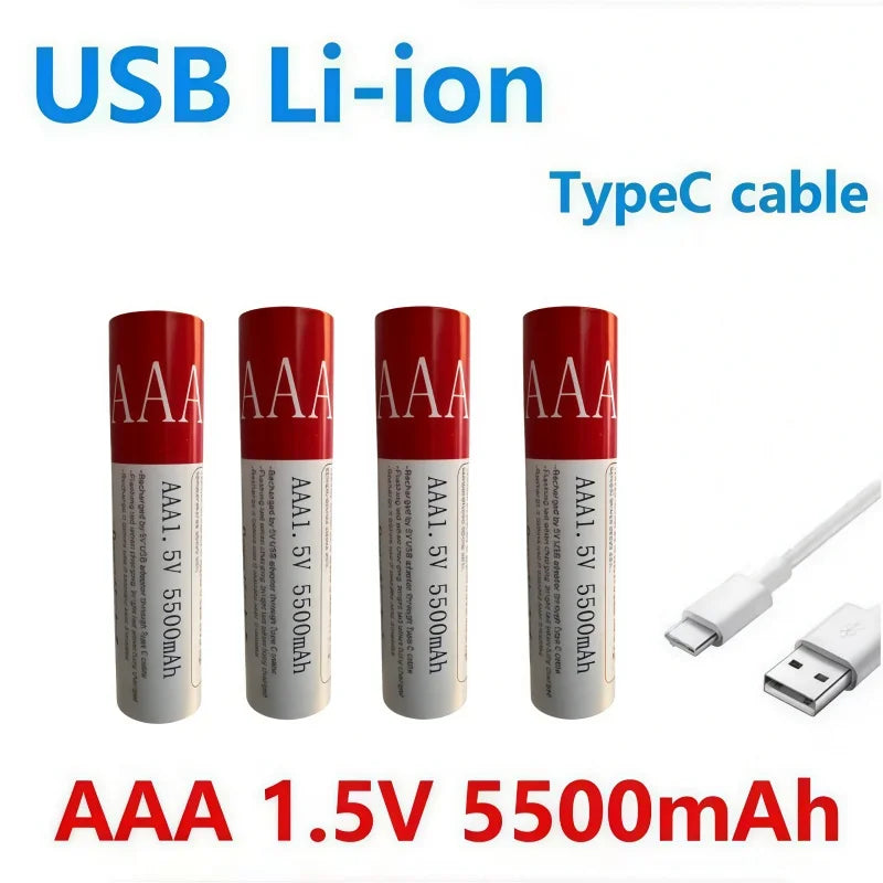 Daweikala USB AAA Rechargeable Battery 1.5V 3000mAh li-ion battery for remote control mouse Electric toy battery + Type-C Cable