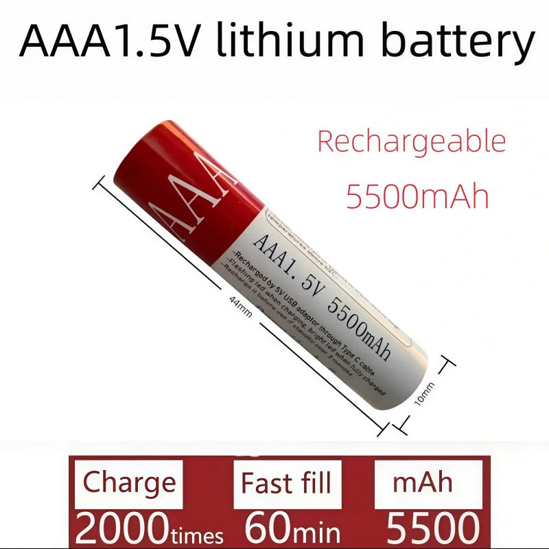 Daweikala USB AAA Rechargeable Battery 1.5V 3000mAh li-ion battery for remote control mouse Electric toy battery + Type-C Cable